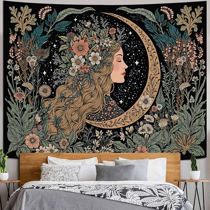 Neasow Moon Girl Floral Tapestry, Botanical Nature Wall Art, Boho Aesthetic Mystic Decor for Living Room Bedroom Home, Green 60x80 inches