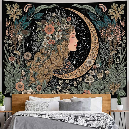 Neasow Moon Girl Floral Tapestry, Botanical Nature Wall Art, Boho Aesthetic Mystic Decor for Living Room Bedroom Home, Green 60x80 inches