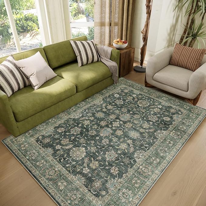 Washable 4x6 Rugs for Living Room, Boho Non-Slip Vintage Distress Small Rugs for Bedroom Nursery Office, 0.3" Neutral Oriental Throw Thin Carpet with Cushioning Pad, Sage Green/Multi, E1