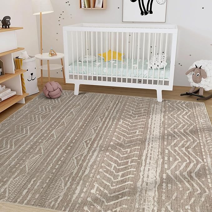 Nakagishi 6x10 Area Rugs Living Room: Washable Boho Large Neutral Soft Farmhouse Area Rugs Stain Resistant Modern Non-Slip Indoor Floor Carpet for Bedroom Nursery Kids Playroom Office-Dark Brown