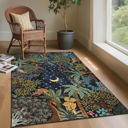 GarveeHome 3x5 Washable Area Rug for Bedroom, Jungle Animal Soft Tiger Rug Non Slip Low Pile Green Carpet Stain Resistant Throw Rug for Bedside Kids Room Office Dining Room