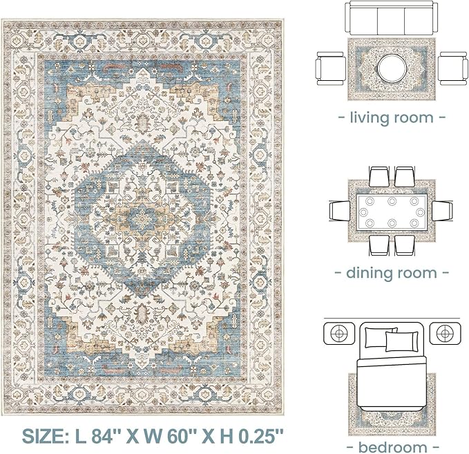 Area Rug for Living Room - 5x7 Soft Washable Oriental Vintage Floral Distressed Large Carpet - Fade Stain Resistant Non Slip Rugs for Bedroom Dining Room Nursery Dorm Office Home Decor - Blue/Beige