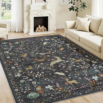 6x9 Area Rugs Washable Rug: Lagre Boho Living Room Rug Soft Non-Slip Thin Carpet Indoor Floor Non-Shedding Neutral Floral Carpets for Bedroom Dining Room Farmhouse Nursery Black