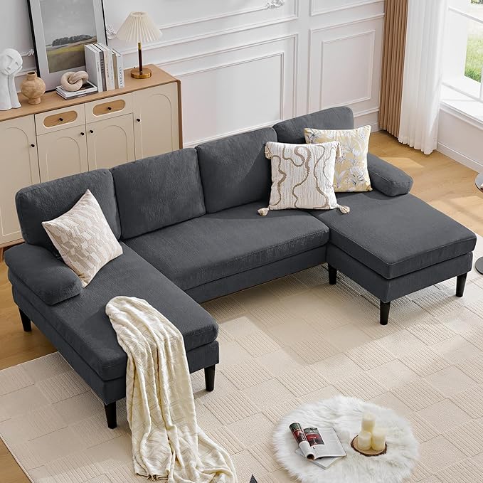 Korser 101" Sectional Couches for Living Room, U Shaped Sofa with Double Chaise Lounge, Modern Chenille Fabric 4-Seat Couch for Apartment/Small Space, Grey