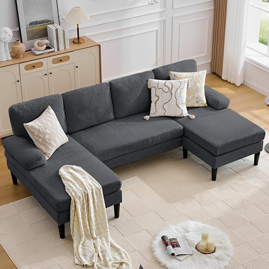 Korser 101" Sectional Couches for Living Room, U Shaped Sofa with Double Chaise Lounge, Modern Chenille Fabric 4-Seat Couch for Apartment/Small Space, Grey