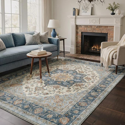 GENIMO 8x10 Area Rugs for Living Room, Machine Washable Non Slip Rugs, Low Pile Lightweight Print Rug for Bedroom, Dining Room, Home Office, Vintage Blue Medallion