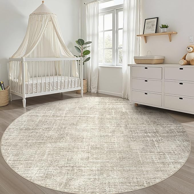 6ft Round Rug Living Room: 6x6 Washable Large Neutral Brown Circle Area Rug Abstract Soft Modern Stain Resistant Indoor Floor Non-Slip Carpet for Bedroom Nursery Kids Office Playroom Dining Room
