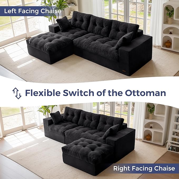 MAXYOYO 104" L Shaped Modular Sectional Sofa with Ottoman, Cloud Boneless Couch with Layered Cushion, Upholstered Sofa Flexible Module Combination for Living Room, No Assembly, Black