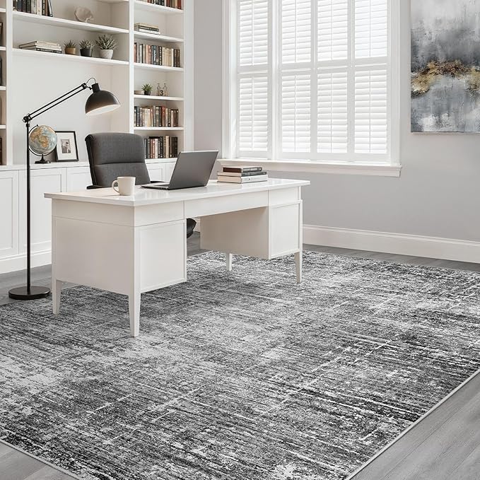 7x9 Area Rug Living Room: Washable Large Neutral Black Rug Abstract Soft Modern Stain Resistant Indoor Floor Non-Slip Carpet for Bedroom Nursery Kids Office Playroom Dining Room Under Table Home