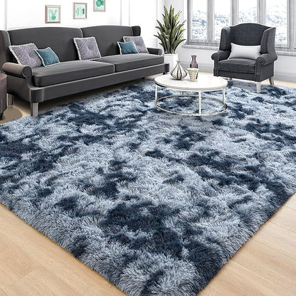 Tepook Area Rugs 9x12 for Living Room, Super Soft Fluffy Rugs for Bedroom, Modern Shaggy Rug Fuzzy Carpets for Kids, Plush Indoor Nursery Home Decor Rug with Non-Slip Bottom, Tie-Dyed Blue and Grey