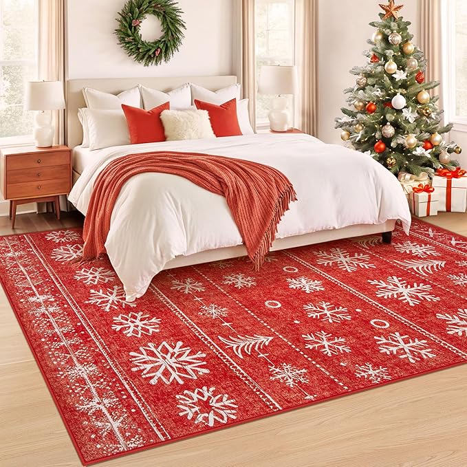 Christmas Area Rug 6x9 Rugs: Washable Living Room Rug Xmas Holiday Decor Rugs Snowflake Low Pile Boho Rug Indoor Floor Carpet for Bedroom Kitchen Dining Room Home(Xmas Red, 6'x9')