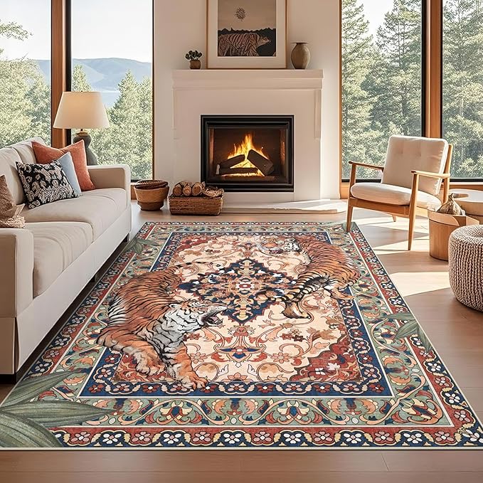 Tiger Washable Area Rugs for Living Room 5x7Ft Non Slip, Botanical Jungle Bedroom Rugs, Soft Boho Animal Printed Kids Nursery Floor Carpets for Dining Room Dorm Farmhouse Office, Red Blue