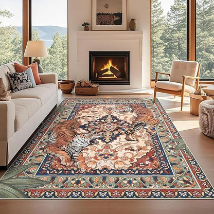 Tiger Washable Area Rugs for Living Room 5x7Ft Non Slip, Botanical Jungle Bedroom Rugs, Soft Boho Animal Printed Kids Nursery Floor Carpets for Dining Room Dorm Farmhouse Office, Red Blue