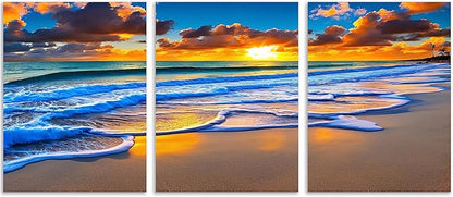 TutuBeer 3 Pcs Wall Decor Beach Ocean Pictures Sunrise over the Beach Pictures Print on Canvas Pictures of the Beach Pictures Wall Art Beach Paintings Ocean Wall Art Stretched and Framed 12" x 24" x 3
