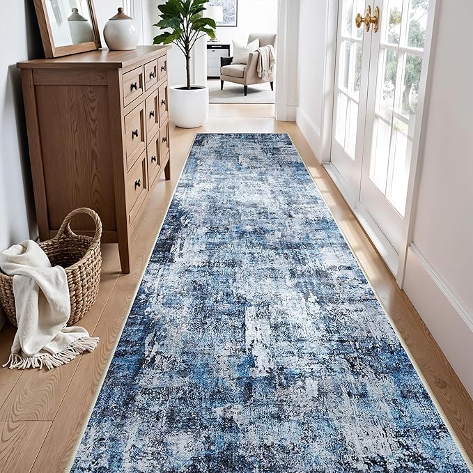 Rug Runners for Hallways Non Slip– Washable Long Kitchen Runner, Low-Pile Thin Modern Abstract Floor Rug for Indoor Entryway, Bedroom, Living Room (Navy Blue)