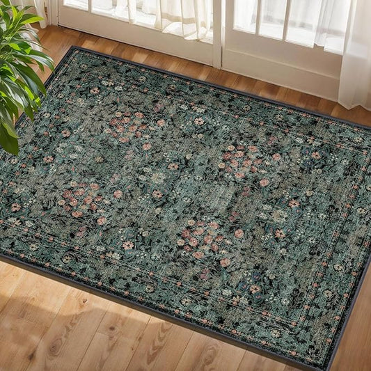 Boho Floral Washable Entry Small Rug, 2x3 Dark Green Distressed Kitchen Throw Rug - Soft Cottagecore Botanical Floor Mat for Bathroom, Laundry, Front Door, Indoor Entrance with Low Pile, Non Slip