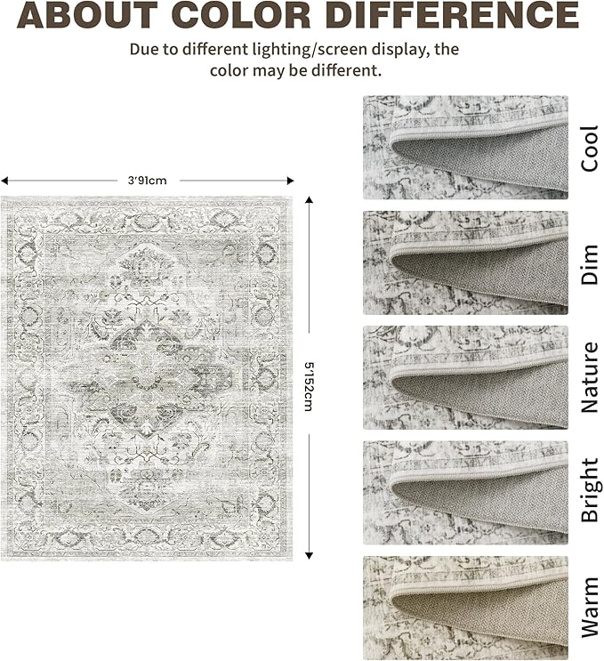 3x5 Rug with Non Slip Backing - Stain Resistant Washable Rugs for Living Room?Bedroom & Dining Room?Vintage Printed Home Decor Area Rug (Ivory/Gray,3'x5')