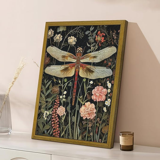 Framed Hand Drawn Sandstone Dragonfly Wall Art, Vintage 3D Textured Nature Botanical Wall Decor Pictures, Pink Flowers Print Painting for Living Room Kitchen Home Decor 16x24inch