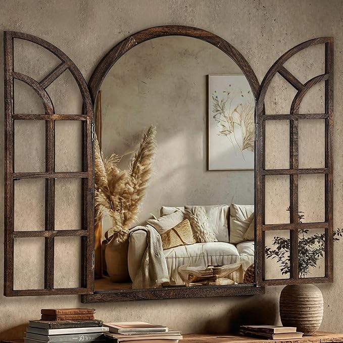 Arched Wall Mirror with Wood Window Frame, 38x26 Vintage Rustic Arch Farmhouse Mirror for Wall, Living Room, Bedroom, Entryway(Brown)