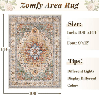 Area Rug 9x12 Vintage Rug: Large Washable Indoor Medallion Rugs Low Pile Distressed Floor Carpet Retro Accent Rug for Living Room Bedroom Kitchen Dining Table Home Office(Green/Yellow, 9'x12')