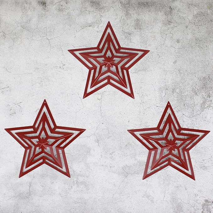 CVHOMEDECO. Primitives Rustic Antique Vintage Gifts Cut-Outs Metal Barn Star for Wall/Wreath/Door Decor, 8-Inch, Set of 3.(Red)