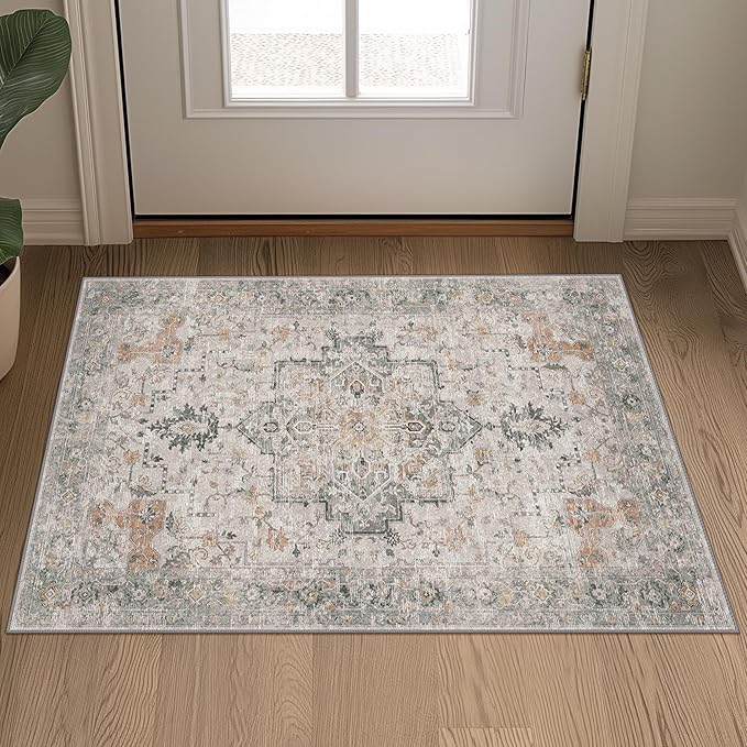 GENIMO Area Rug 32x48 inch Doormat, Machine Washable Low Pile Rugs, Small Retro Chenille Entryway Mat for Entrance, Hallway, Kitchen and Corridor, Light Taupe Brown