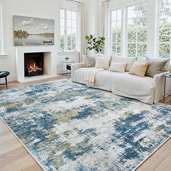 Area Rug 6x9 Living Room Rug Washable: No-Slip Abstract Soft Thin Large Blue Rugs, Indoor Floor Stain Resistant Modern Carpet for Bedroom Dining Room Farmhouse Nursery Home Office (Blue, 6'x9')