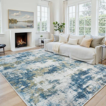 Area Rug 6x9 Living Room Rug Washable: No-Slip Abstract Soft Thin Large Blue Rugs, Indoor Floor Stain Resistant Modern Carpet for Bedroom Dining Room Farmhouse Nursery Home Office (Blue, 6'x9')