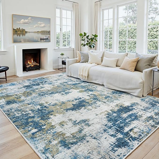 Area Rug 6x9 Living Room Rug Washable: No-Slip Abstract Soft Thin Large Blue Rugs, Indoor Floor Stain Resistant Modern Carpet for Bedroom Dining Room Farmhouse Nursery Home Office (Blue, 6'x9')