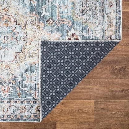 Bloom Rugs Washable Non-Slip 12 ft Runner - Teal/Peach Traditional Runner for Entryway, Hallway, Bathroom, and Kitchen - Exact Size: 2.5' x 12'