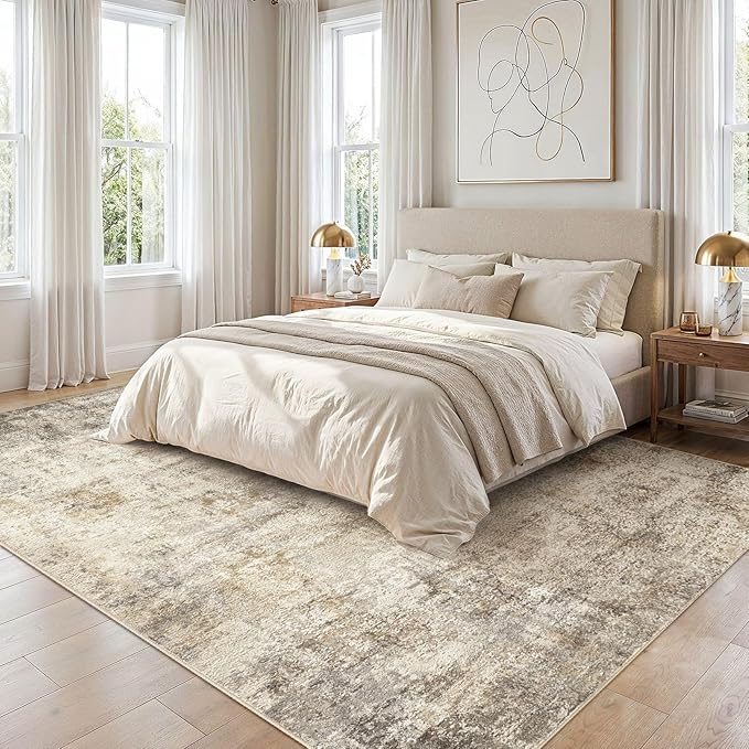 cotiled 9x12 Area Rugs for Living Room - Washable Neutral Abstract Carpet Non Slip Soft Rug for Bedroom & Dining Table, Robot Vacuum & Pet Friendly Floor Decor Brown