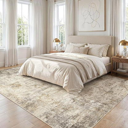 cotiled 9x12 Area Rugs for Living Room - Washable Neutral Abstract Carpet Non Slip Soft Rug for Bedroom & Dining Table, Robot Vacuum & Pet Friendly Floor Decor Brown