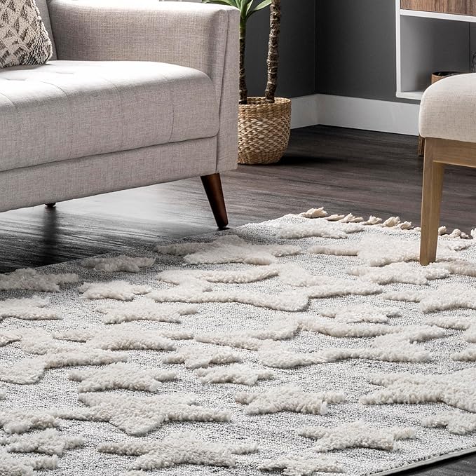 Nuloom Raven Light Grey/Ivory, 4' x 6', Modern Stars, High Low, Shag, Tassel, Soft and Plush, High Traffic, Stain Resistant, Easy Clean, Durable Area Rug for Bedroom, Living Room, Dining, Den, Foyer