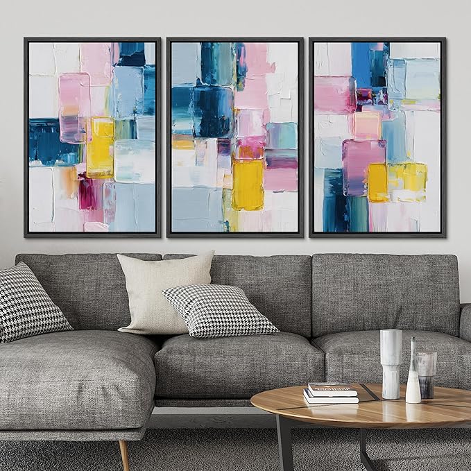 SIGNLEADER Framed Canvas Print Wall Art Set Vibrant Colorful Block Abstract Bold Pink Blue Illustrations Minimal Decorative Bohemian Nordic for Living Room, Bedroom, Office - 16"x24"x3 BLACK