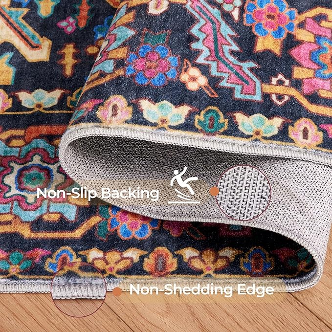 Kokia 6x9 Washable Black and Pink Area Rugs with Vintage Orient Design Soft Rug for Living Room or Home Office Non-Slip Low Pile Stain Resistance Features Distressed Medallion Pattern