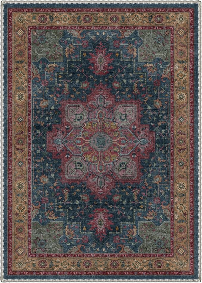GENIMO 8x10 Area Rugs for Living Room, Machine Washable Rug, Non Slip Indoor Vintage Carpet, Low Pile Lightweight Chenille Print Carpet for Bedroom Dining Room Home Office,Teal Burgundy