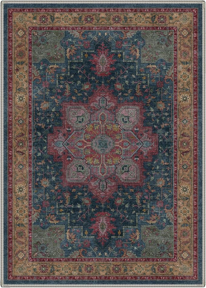 GENIMO 8x10 Area Rugs for Living Room, Machine Washable Rug, Non Slip Indoor Vintage Carpet, Low Pile Lightweight Chenille Print Carpet for Bedroom Dining Room Home Office,Teal Burgundy