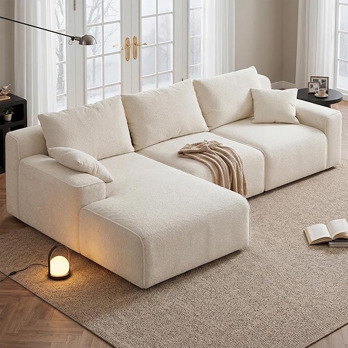 Homkdom L-Shaped Cloud Boneless Couch with Deep Seat, Modular Sectional Sofa with Oversized Chaise, 6 Layouts Combination for Living Room, Apartment, No Assembly (White Check, Left Facing Chaise)