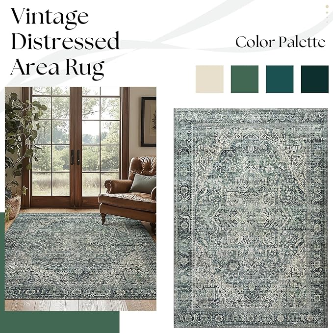 BILEEHOME Green Area Rug 5x7 Machine Washable Rug for Bedroom Living Room Boho Vintage Oriental Farmhouse Floral Carpet, Dark Green