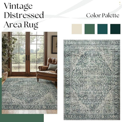 BILEEHOME Green Area Rug 5x7 Machine Washable Rug for Bedroom Living Room Boho Vintage Oriental Farmhouse Floral Carpet, Dark Green
