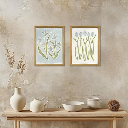 wanyun Blue Tulip Flower Wall Art Set of 2, Watercolor Floral Preppy Canvas Poster Prints, Modern Botanical Painting Aesthetic Picture for Living Room Bedroom Bathroom Apartment Wall Decor 12x16 Inch Framed