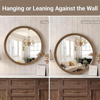 Brakki Round Wall Mirror with Wood Frame, 24 inch Circle Mirror for Bathroom Bedroom Entryway Vanity Living Room, HD Shatterproof Glass, Wall Mounted Decor, Hanging or Leaning, Walnut