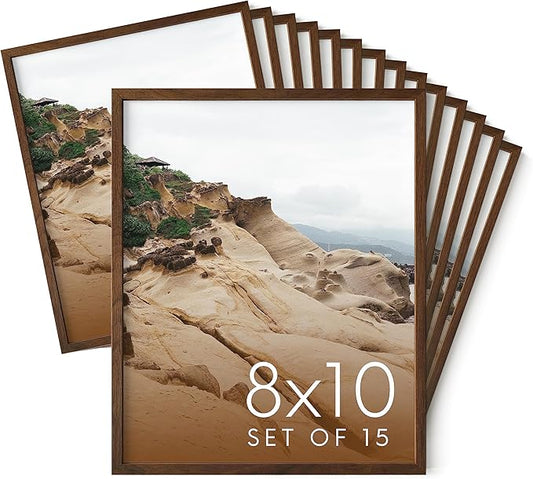 HAUS AND HUES 8x10 Walnut Oak Wood Picture Frames Set of 15 - Premium Bulk Picture Frames 8x10 Bundle - Elegant Gallery Wall Frame Set for Posters, Art Display - Ideal for Wall Decor in Home & Office