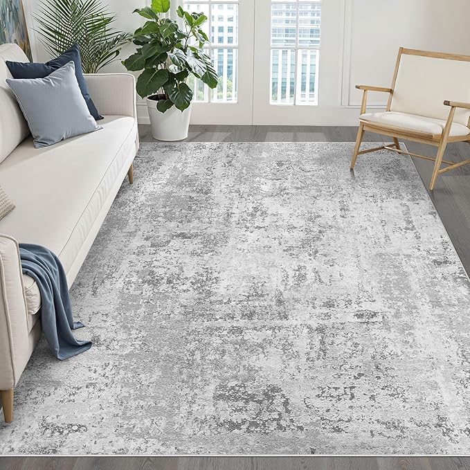 5x8 Area Rug Living Room: Washable Large Neutral Rug Abstract Soft Modern Stain Resistant Indoor Floor Non-Slip Carpet for Bedroom Nursery Kids Office Playroom Dining Room Under Table- Light Gray