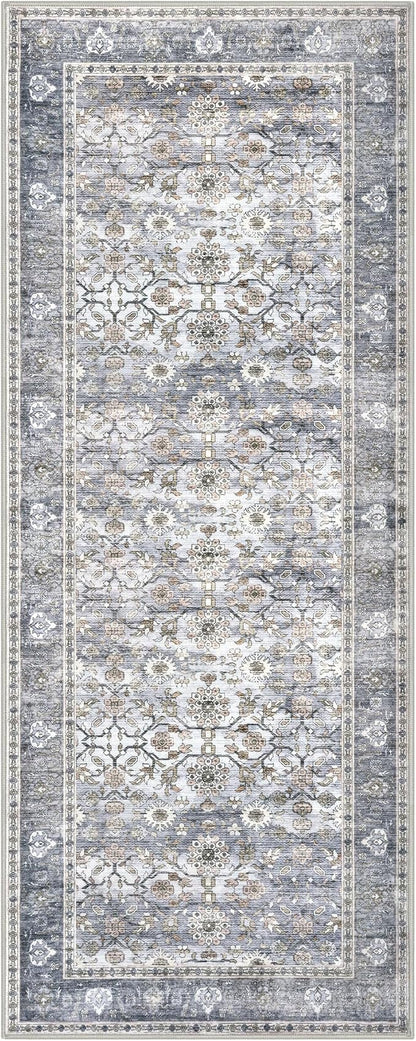 KUTA Vintage Floral Washable Hallway Runner, 2x5 Runners for Hallways Non-Slip Kitchen Rugs Grey Blue Ultra Thin Soft Printed Distressed Oriental Floor Carpet for Laundry Bedroom Living Room Nursery