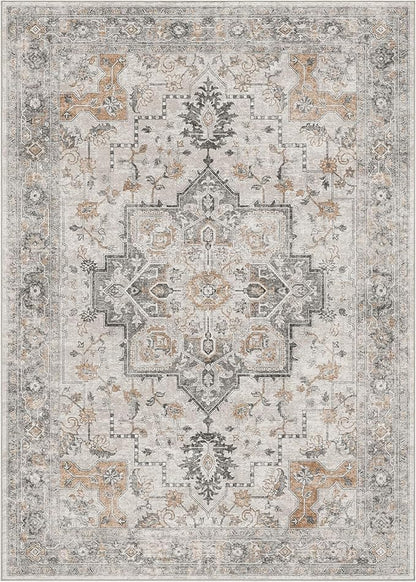 Bavni 8x10 Area Rug Washable Rug for Living Room Bedroom, Washable Vintage Print Carpet, Low Pile Rug with Non Slip Backing, Light Taupe Brown