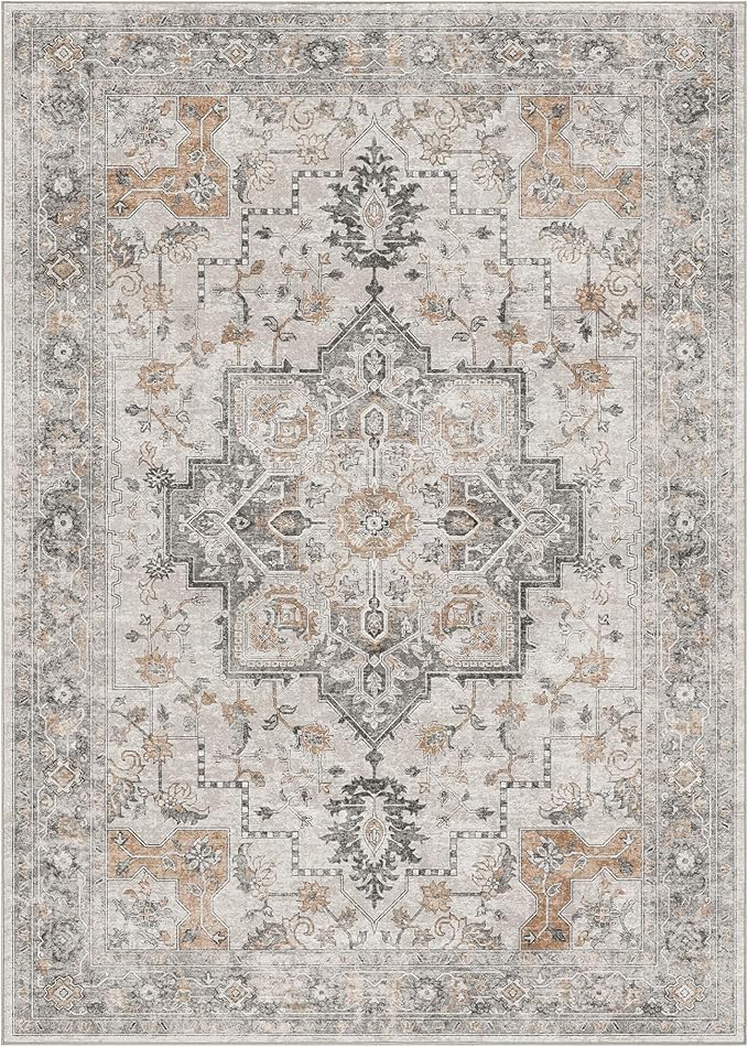 Bavni 5x7 Area Rug Washable Rug for Living Room Bedroom, Washable Vintage Print Carpet, Low Pile Rug with Non Slip Backing, Light Taupe Brown