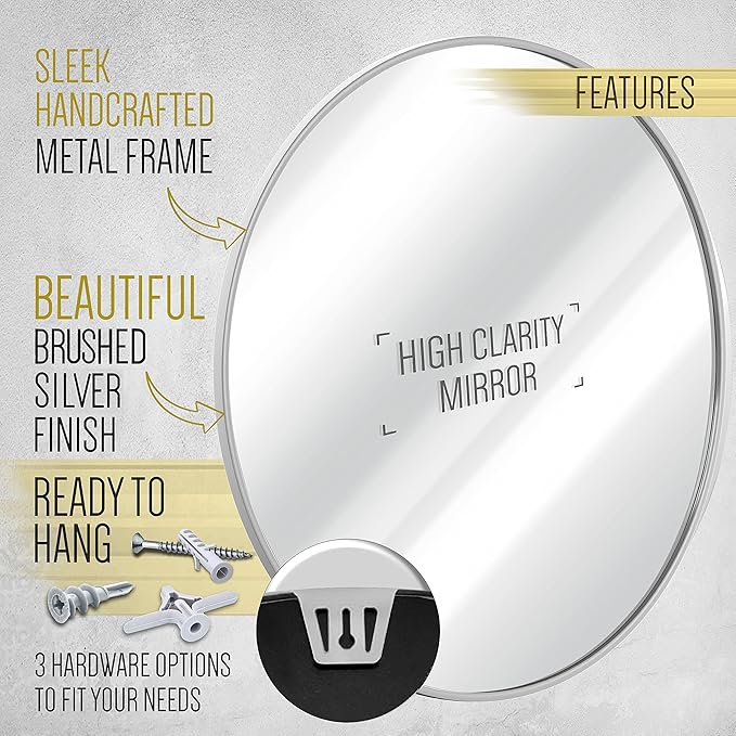 HBCY Creations Small Round Mirror, Silver 20 inch Wall Mirror for Entryway, Bathroom, Living Room and More, Modern Minimalist Mirror for Both Rustic and Boho Design and Decor