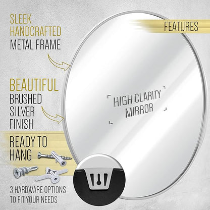 HBCY Creations Small Round Mirror, Silver 20 inch Wall Mirror for Entryway, Bathroom, Living Room and More, Modern Minimalist Mirror for Both Rustic and Boho Design and Decor