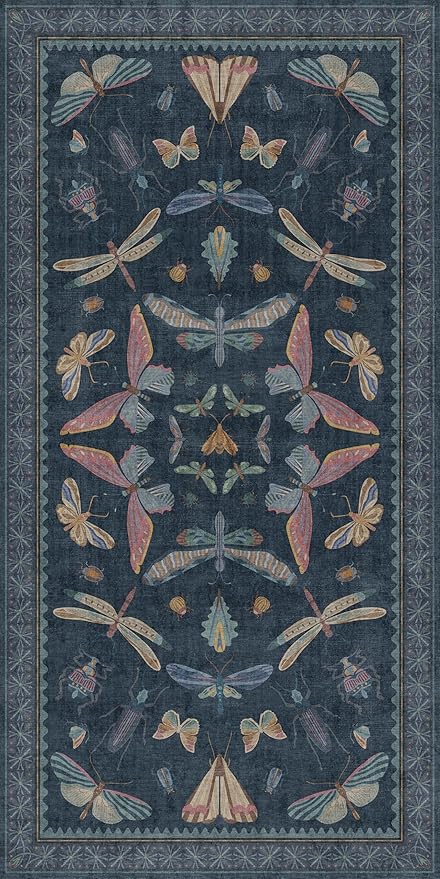 Blue Vintage Boho Area Rug 3x6, Washable Non Slip Indoor Carpet for Entryway, Kitchen Floor, Laundry Room & Bedroom, Stain Resistant Insect Pattern Rug